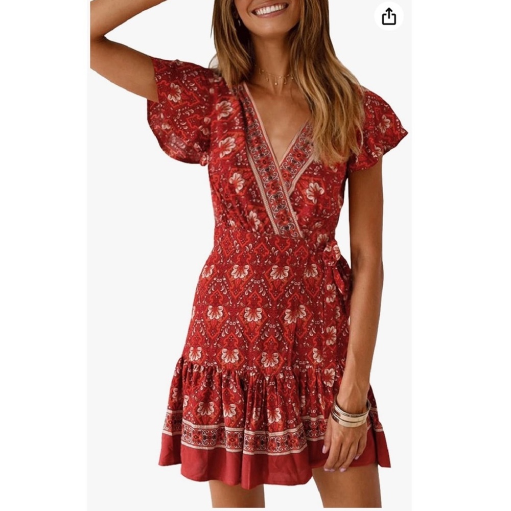 Summer Wrap V Neck Bohemian Floral Print Ruffle Swing A Line Beach Mini Dress
